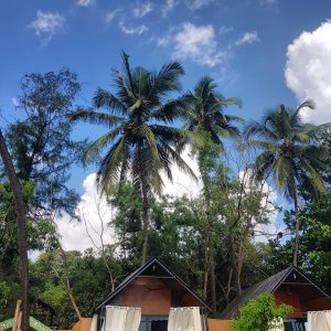 huts front bridge blue sky palms trees